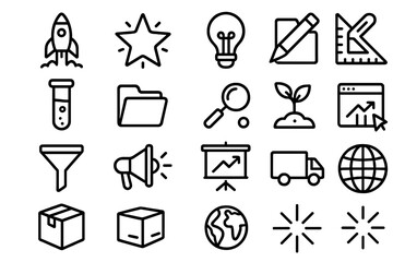 Business growth linear icon set. featuring rocket, star, lightbulb, pencil, ruler, flask, folder, magnifier, plant
