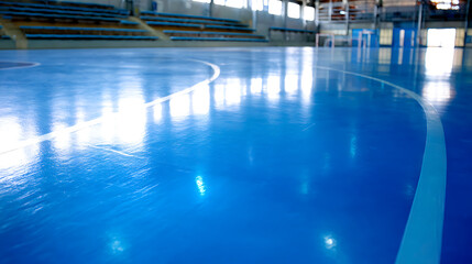 Empty indoor sports court with blue flooring and white markings