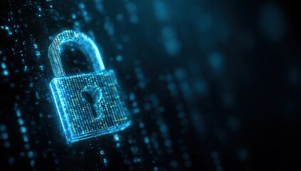 digital security concept with a padlock icon on a blue binary code background a cyber lock symbol for online safety and data protection in a network system Generative AI