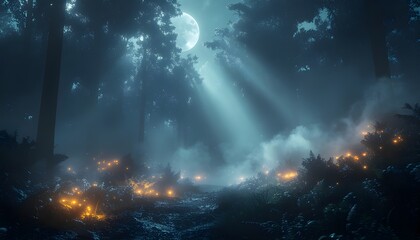 Enchanting Moonlight Forest Scene with Glowing Plants, Nature's Serenity