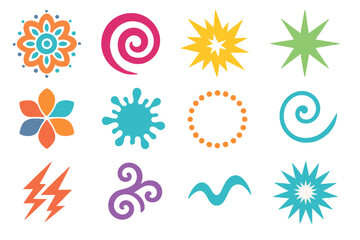 Abstract designs silhouette icon set. featuring flower, spiral, sun, star, leaf, and wave symbols