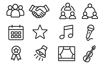 Business and entertainment linear icons set. featuring team, handshake, meeting, calendar, star, music, microphone.