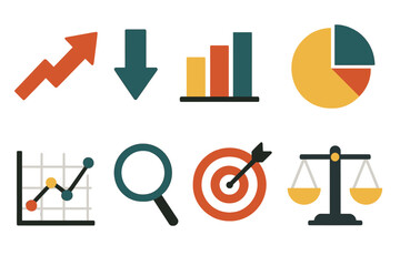 Business data flat icon set. featuring arrow, chart, graph, pie, magnifier, target, and scales
