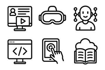 Technology linear icon set. featuring video call, vr headset, ai, coding, touch screen, and cloud education symbols