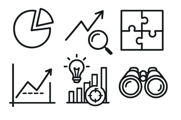 Business analytics linear icon set. featuring pie chart, growth, magnifying glass, puzzle, graph, light bulb, binoculars