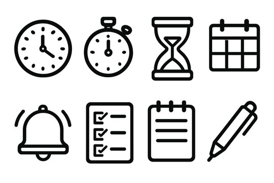 Time management linear icon set. featuring clock, stopwatch, hourglass, calendar, bell, checklist, notepad, pen symbols