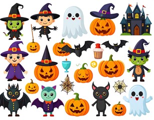 Adorable halloween characters and spooky elements collection