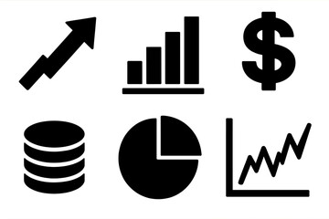 Business and finance silhouette icon set. featuring chart, growth, dollar, pie, database, and analysis symbols