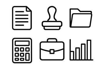 Business silhouette icon set. featuring document, stamp, folder, calculator, briefcase, and chart symbols