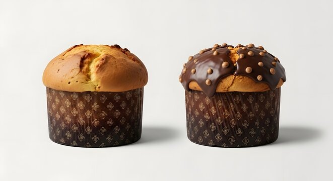 Panettone two panettone cakes, one plain and one with chocolate glaze, isolated on white
