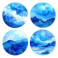 Four circular watercolor landscapes