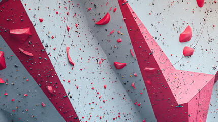 Abstract geometric composition with red and gray angular shapes and scattered fragments