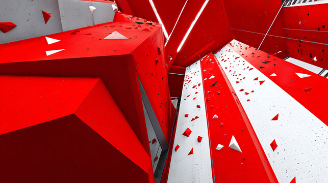 Abstract red and white geometric structures with sharp angles and scattered triangular fragments in a futuristic environment