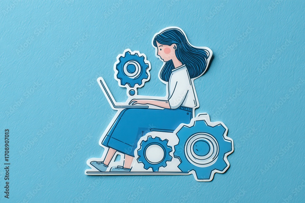 Poster creative female professional engaged in digital collaboration visualizing complex workflows with abs