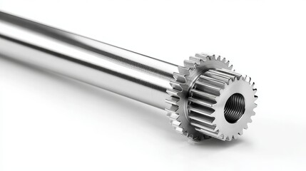 Metal shaft with gear tip isolated on white background car and machine mechanism part