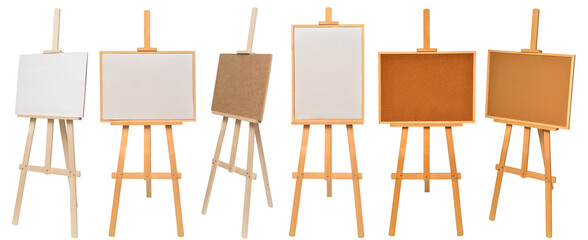 Collection easel empty for drawing isolated on white background. Vertical and horizontal paper sheets. Object, set. Wooden, mock up. Education, school, artist. Creative concept and idea of art