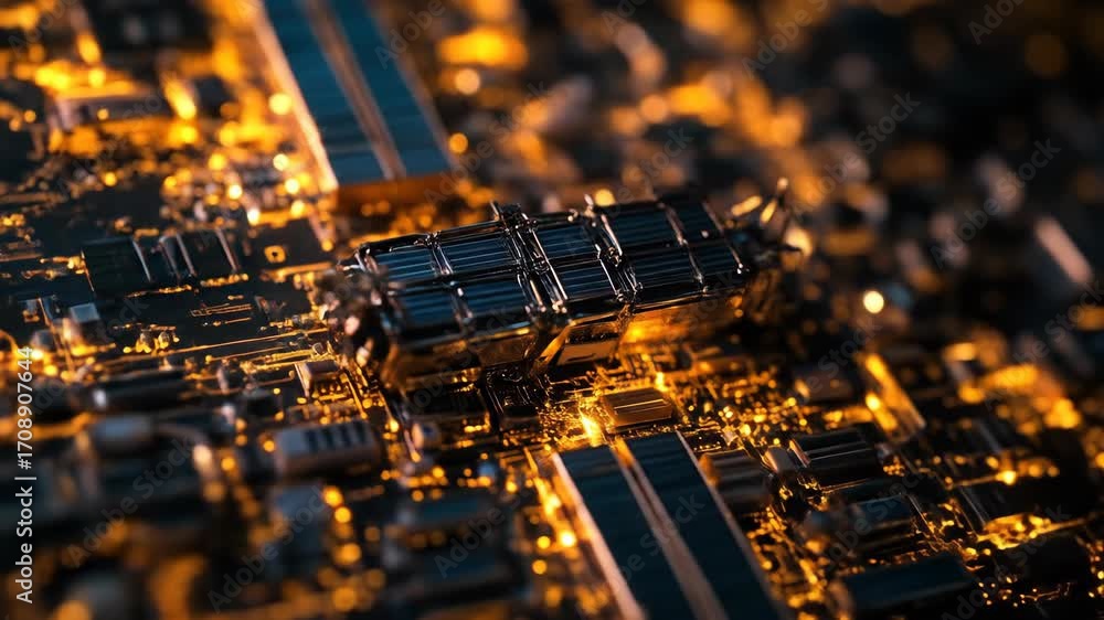 Aufkleber illuminated closeup of complex circuitry, with depth of field