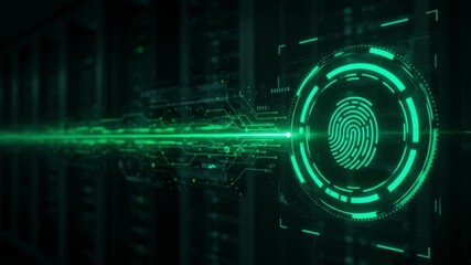 Digital fingerprint scanning in secure data center with glowing green futuristic interface - Powered by Adobe