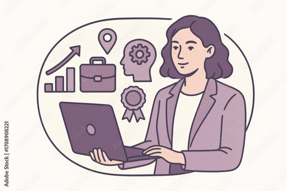 Poster confident professional woman interacting with digital elements showcasing growth metrics innovation 