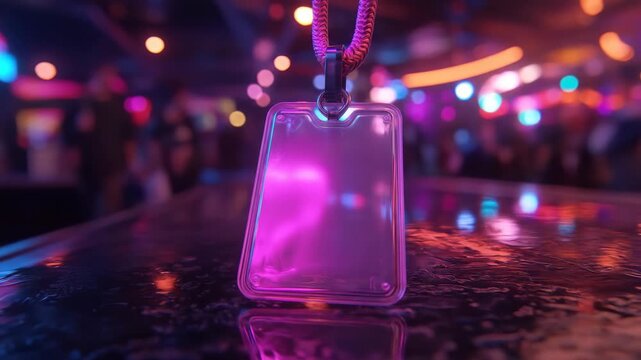 Lanyard-held ID badge reflects neon light on a textured surface