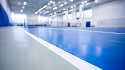 Fototapeta premium Indoor sports facility with blue and gray flooring and bright overhead lighting