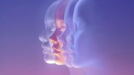 Obraz premium Abstract overlapping human face profiles in soft hues purple