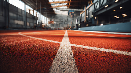 Close-up view of a red running track in an indoor sports facility with white lane markings and structural elements in the background