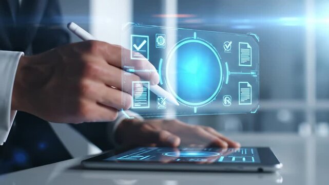 Man using digital tablet with stylus interacting with holographic interface futuristic technology concept