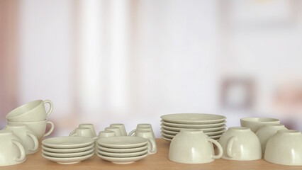 The Ceramic kitchen ware on wood table for food concept 3d Rendering.