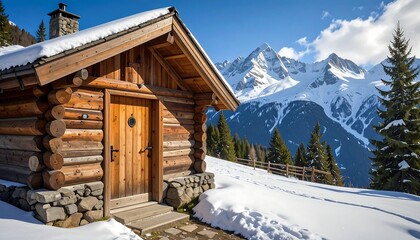 Alpine log cabin nestled in snowy mountain scenery