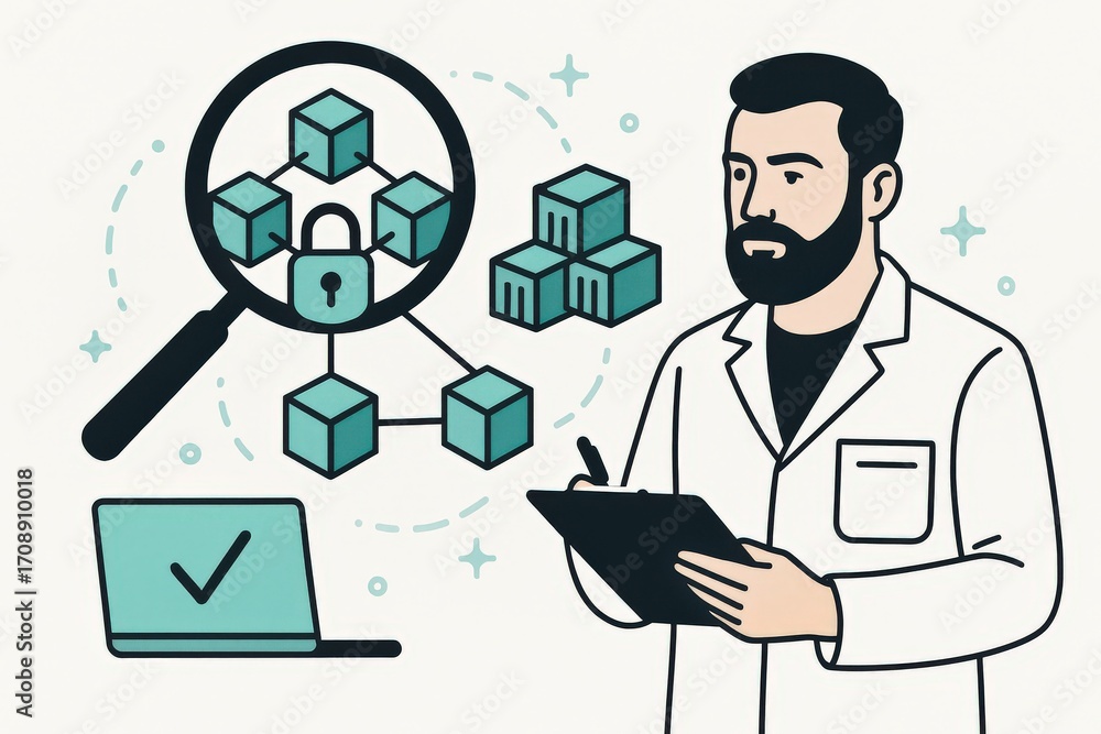 Poster expert scientist analyzing data security in blockchain technology through magnifying glass while rev