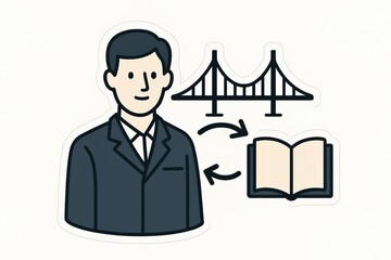 Professional man in business attire illustrating data-driven decision-making process with symbols of innovation and infrastructure, representing dynamic business strategies and growth mindset