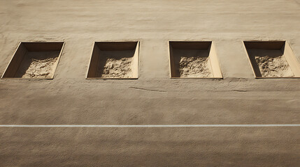 Four square recessed openings in a textured concrete wall with accumulated debris inside