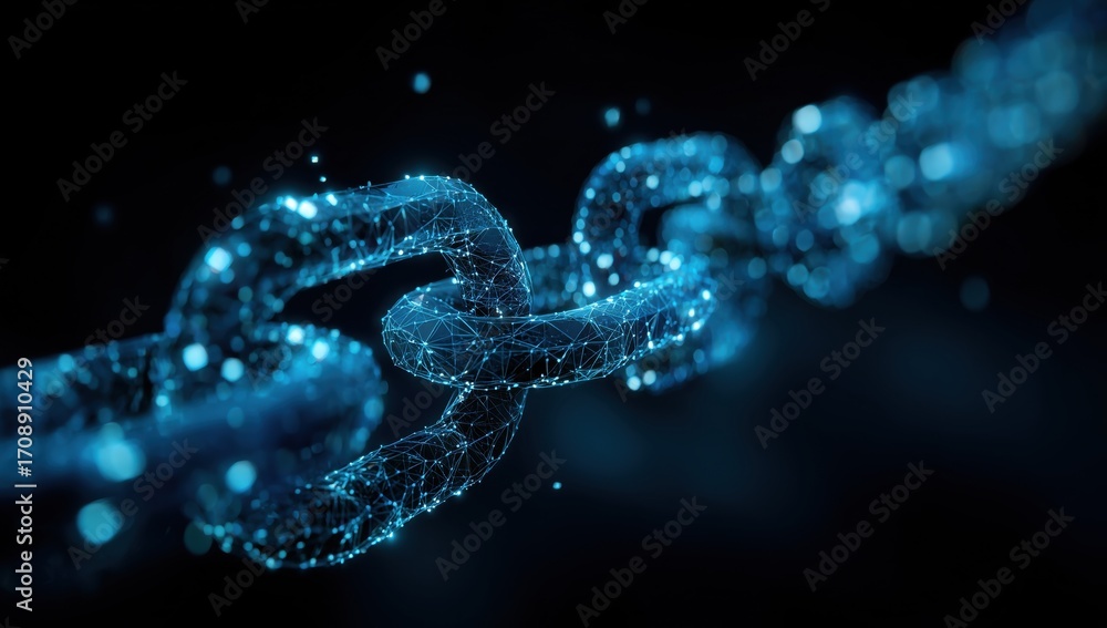Poster a digital chain with blue glowing connections symbolizing the concept of blockchain technology gener