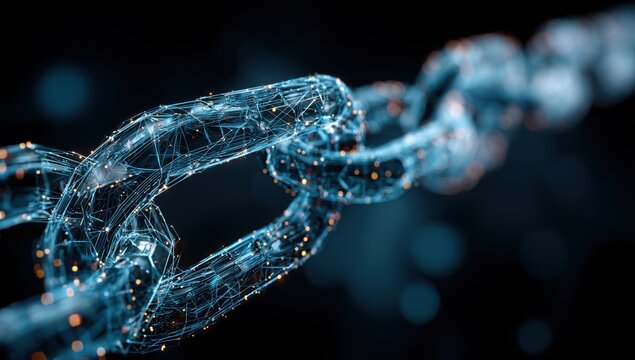 a blue digital chain with connections, symbolizing the flow of information and data in blockchain technology Generative AI