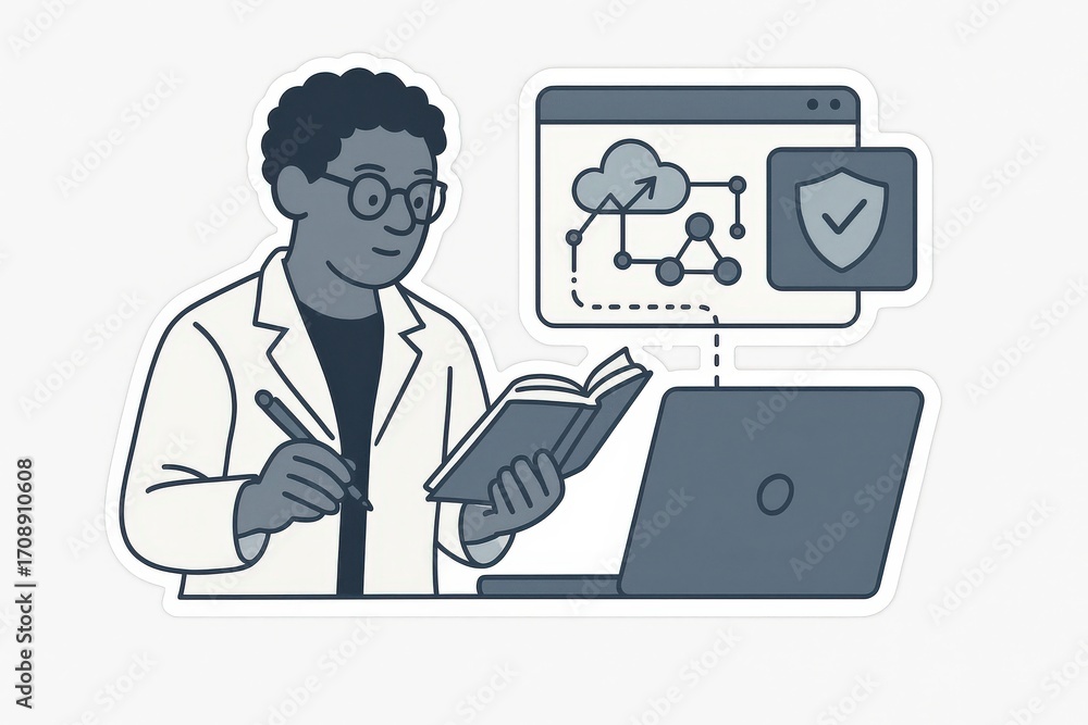 Poster knowledgeable professional analyzing data security processes while holding a book demonstrating inno