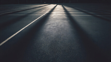 Empty asphalt parking lot with long shadows cast by sunlight on marked lanes