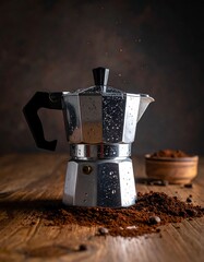 Espresso maker on wooden table