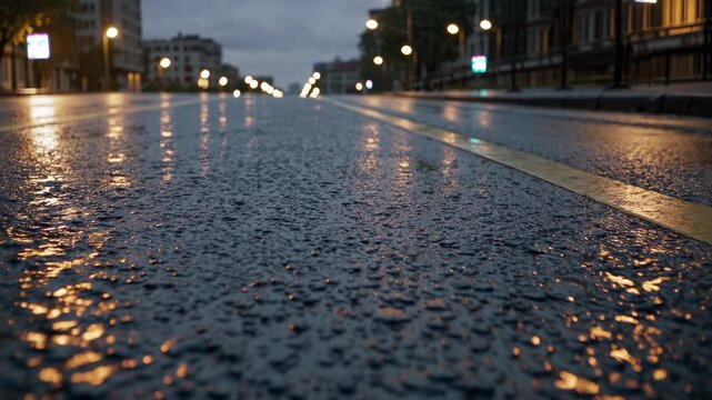 A Tranquil Evening Scene of an Empty, Rain Soaked Street with Glowing Streetlights Reflected on the Wet Asphalt in an Urban Setting