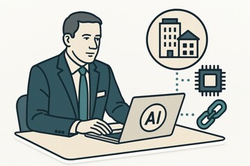 Professional man engaging with advanced AI technology in a modern office, exploring corporate innovation, digital trends, and architectural design as a strategic approach to future business