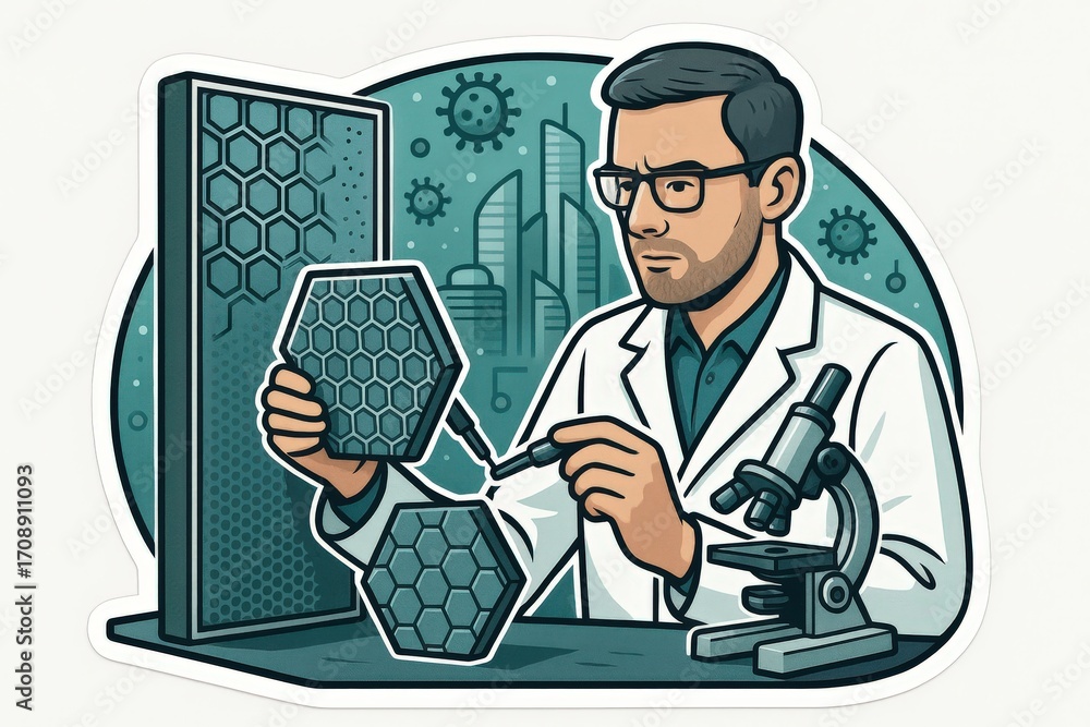 Poster scientist examining hexagonal panels with a microscope in a futuristic laboratory emphasizing advanc