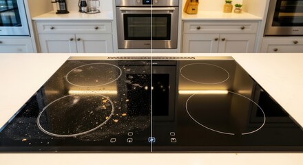 A modern kitchen stovetop, clean and dirty, side-by-side comparison, highlighting the effectiveness of a cleaning product.