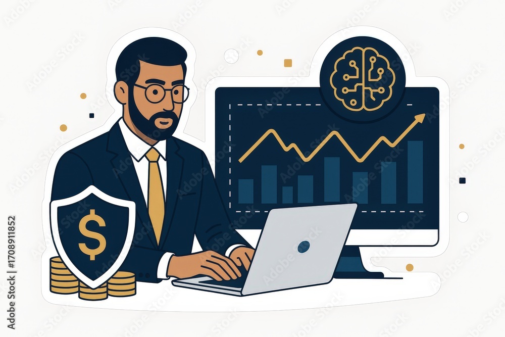 Poster business professional analyzing financial data on a sleek laptop with advanced analytics displayed a