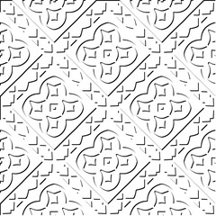3d relief tiles. Vector pattern with symmetrical elements . Modern stylish abstract texture. Repeating tiles from striped elements. Black and white pattern.