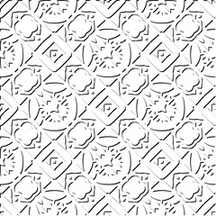 3d relief tiles. Vector pattern with symmetrical elements . Modern stylish abstract texture. Repeating tiles from striped elements. Black and white pattern.