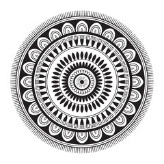 Intricate black and white circular mandala design with repeating patterns and fringe detail