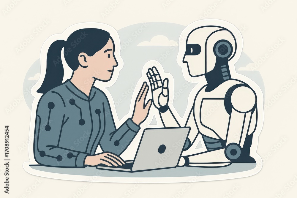 Poster engaging conversation between a woman and a humanoid robot showcasing the fusion of technology and h