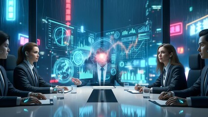 In a futuristic boardroom, a team analyzes complex data on a holographic interface during a high-stakes corporate strategy meeting - Powered by Adobe