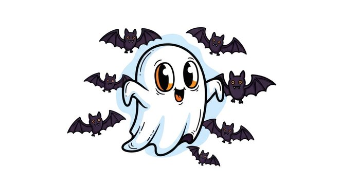 A cute, cartoon ghost floats amidst a playful flight of bats against a plain background.