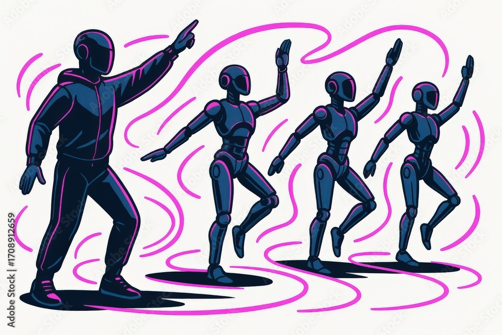Poster robotic dancers synchronized in motion illustrating the intersection of technology and creativity sh